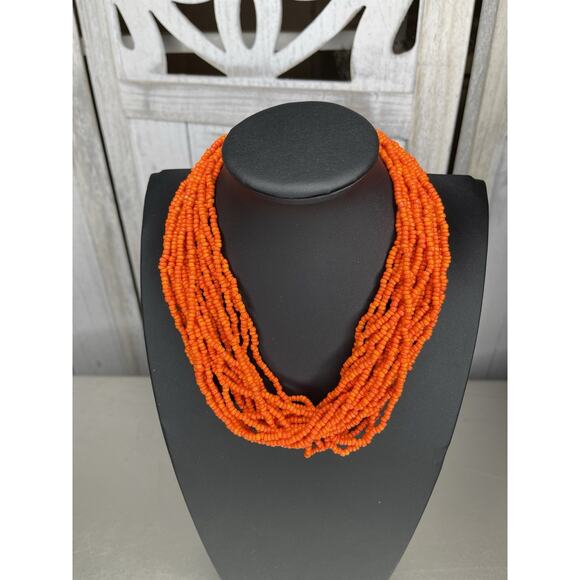Bright Orange Seed Bead Gold Tone Multi-Strand Necklace Layered Boho - Picture 1 of 4